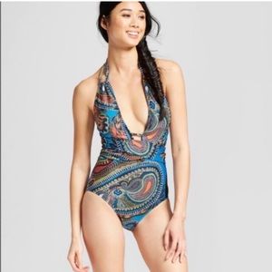 Cleanwater Plunge Halter Paisley One-Piece Swimsuit